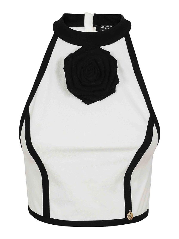 Balmain: Top e canotte - Top in jersey con dettagli rosa Sl