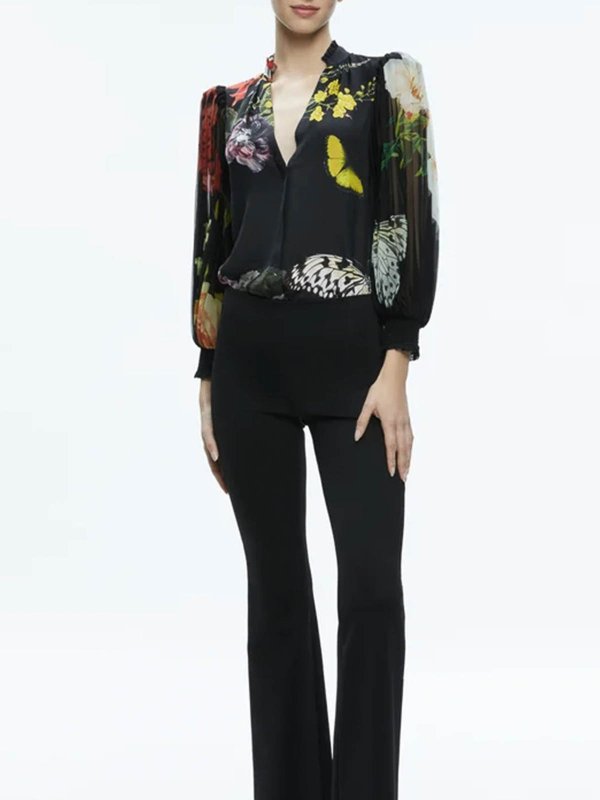 Black/Multicolor Pleated Blouse shop online: ALICE+OLIVIA