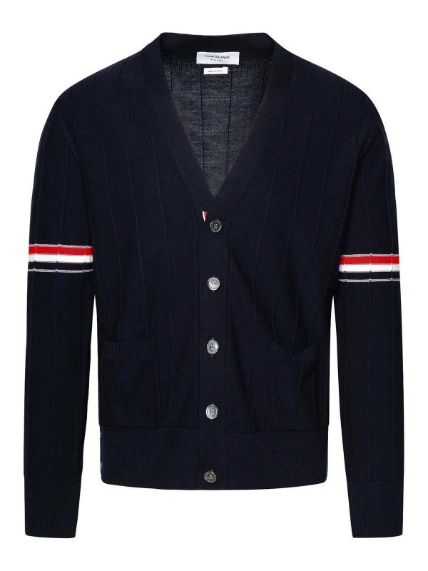 THOM BROWNE: cardigan - Cardigan in lana vergine blu scuro