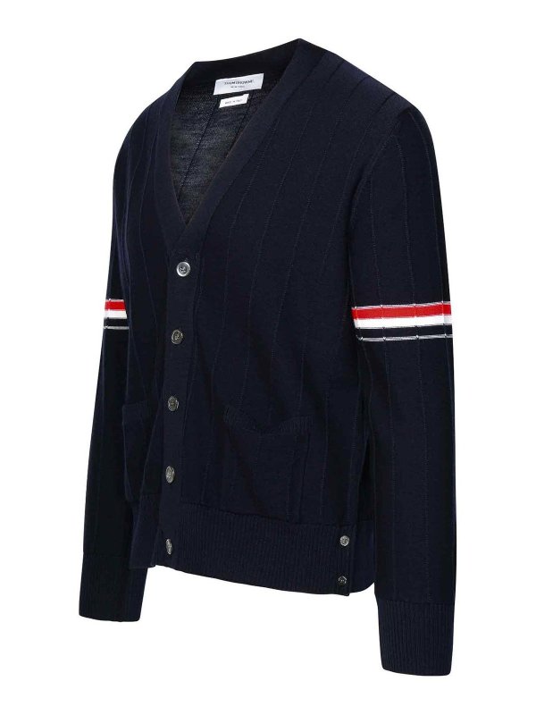 The Best Shops THOM BROWNE: cardigan - Cardigan in lana vergine blu scuro