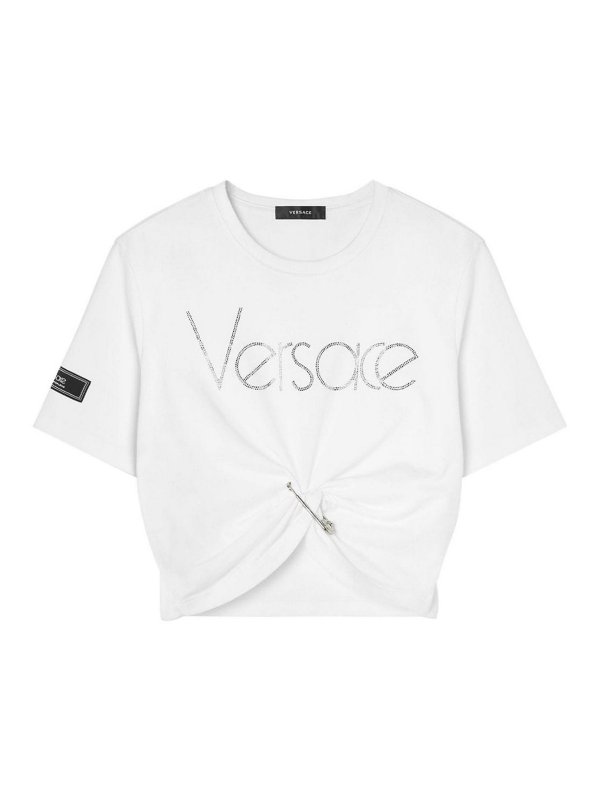 【VERSACE】Logo Cotton Crop T-shirt Cropped printed cotton T-shirt in black - Versace | Mytheresa