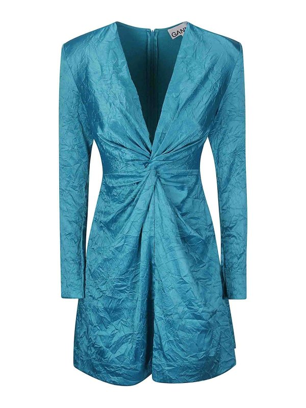 GANNI: short dresses - Crinkled satin gathered knot mini dress