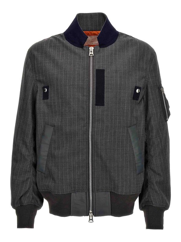 Sacai: bombers - Pinstriped Bomber Jacket