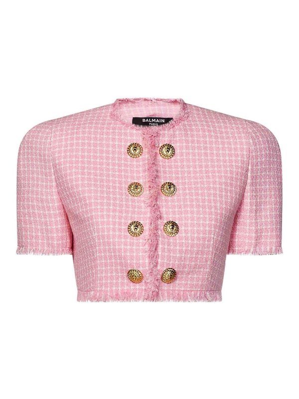 Balmain: casual jackets - Cropped Pink Gingham Tweed Jacket