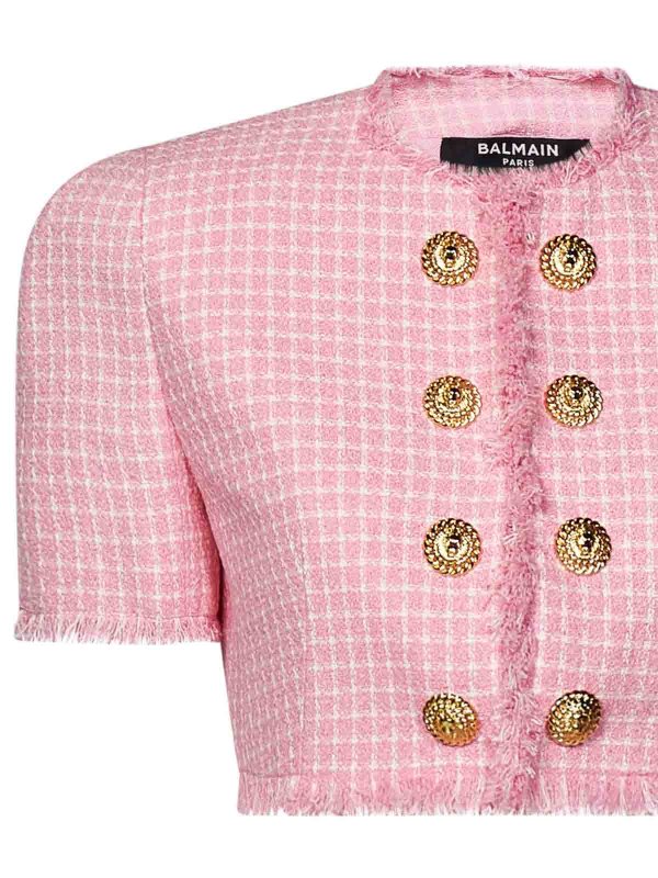 The Best Shops Balmain: casual jackets - Cropped Pink Gingham Tweed Jacket