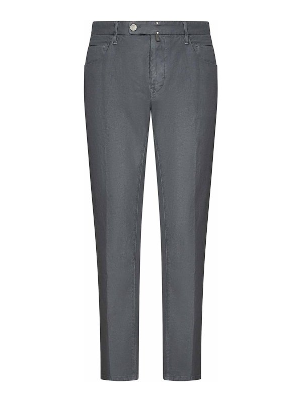 INCOTEX: casual trousers - Grey Cotton And Linen Slim-Fit Trousers