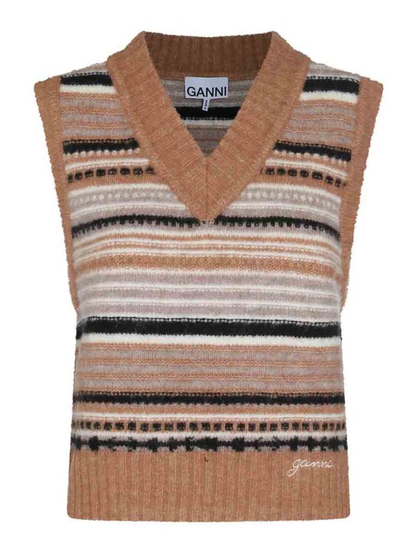 GANNI: Suéteres con cuello pico - Suéter Cuello Redondo - Marrón