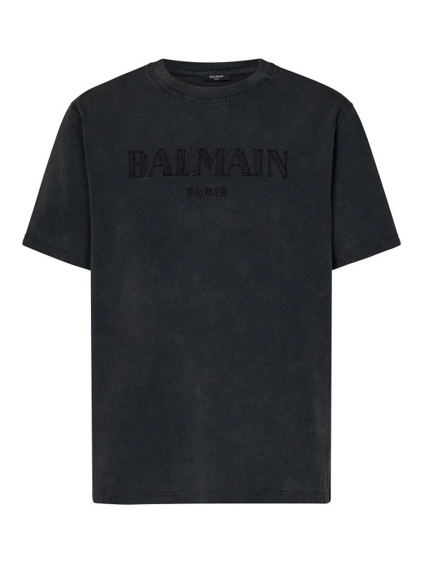 Balmain: t-shirts - Grey Cotton T-Shirt With Logo
