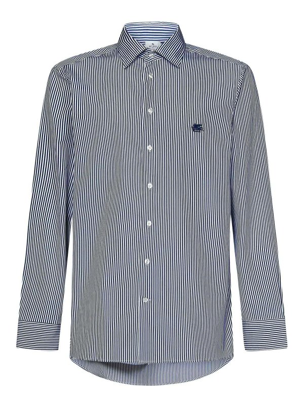 ETRO: shirts - Blue Cotton Shirt with White Stripes