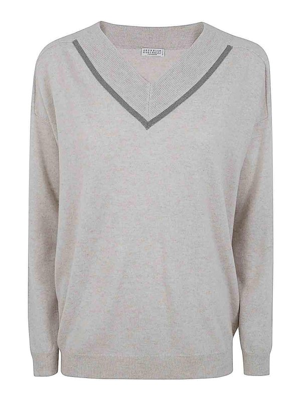 BRUNELLO CUCINELLI: Strickpullover mit V-Ausschnitt - V-Pullover - Weiß