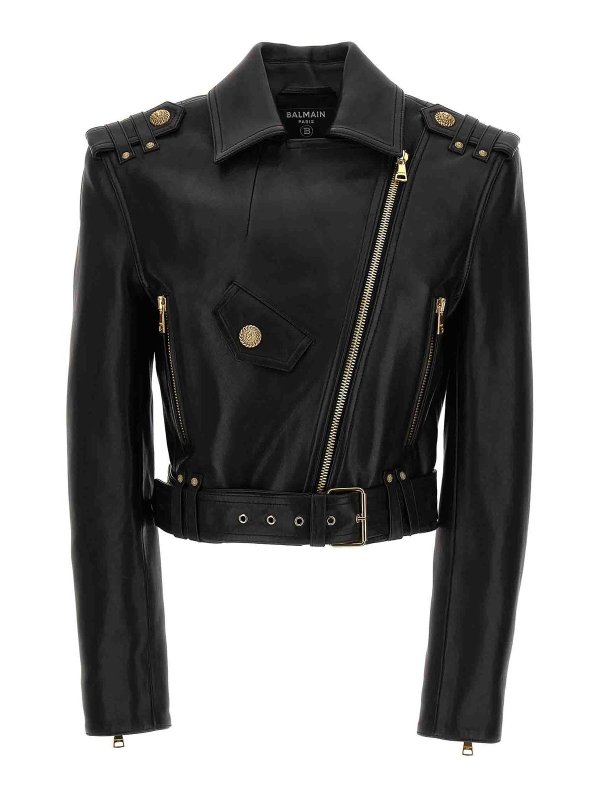 Balmain: Vestes en cuir online - Blouson En Cuir - Noir