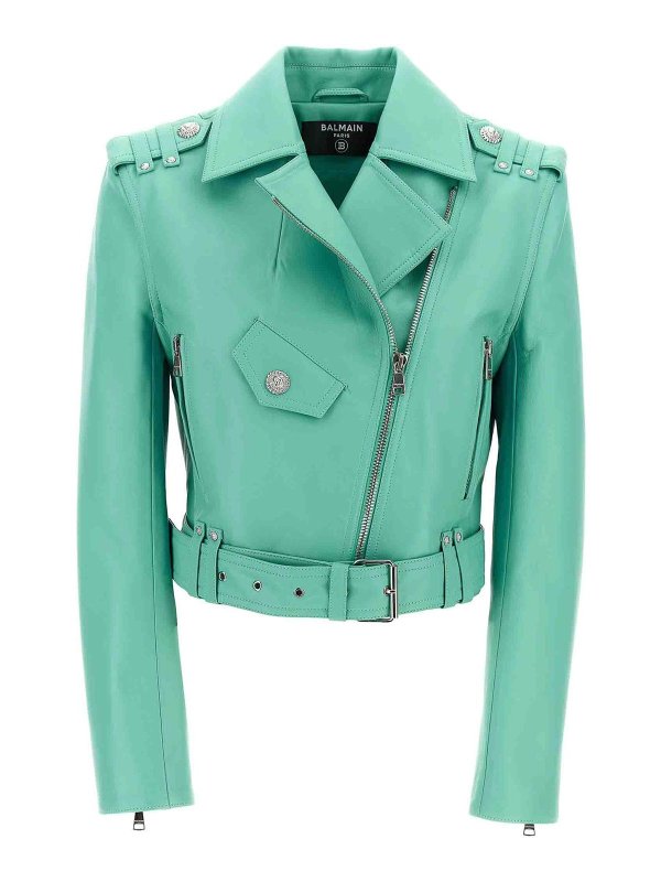 Balmain: Lederjacken - Lederjacke - Hellblau
