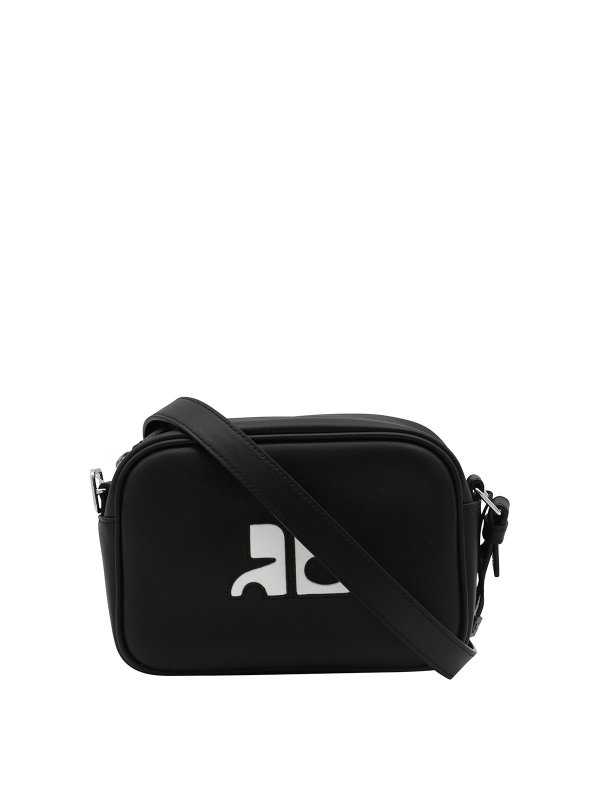 Courreges: cross body bags - Black Leather Top Handle Bag
