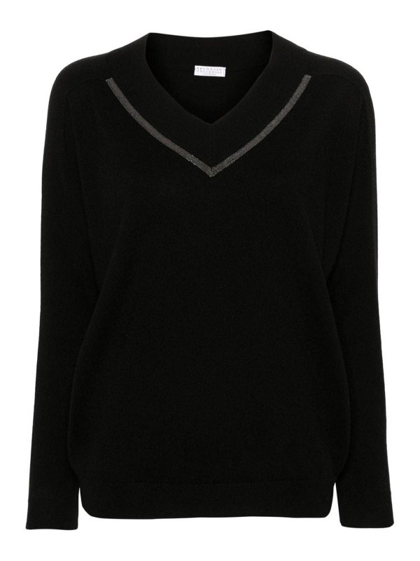 BRUNELLO CUCINELLI: Strickpullover mit V-Ausschnitt - V-Pullover - Schwarz