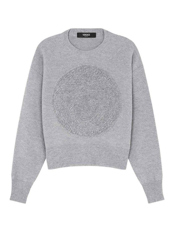 VERSACE: Strickpullover mit Rundhalsausschnitt - Rundhalspullover - Grau