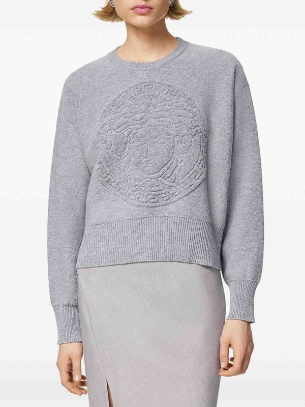 The Best Shops VERSACE: Strickpullover mit Rundhalsausschnitt - Rundhalspullover - Grau