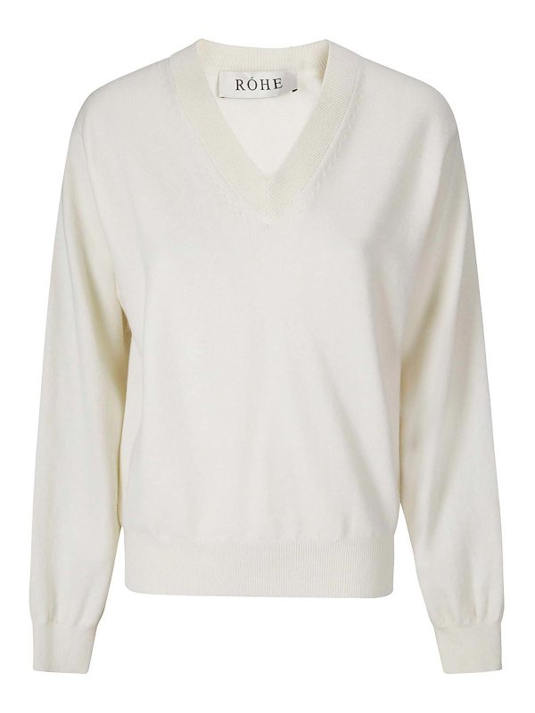 ROHE: Strickpullover mit V-Ausschnitt - V-Pullover - Creme