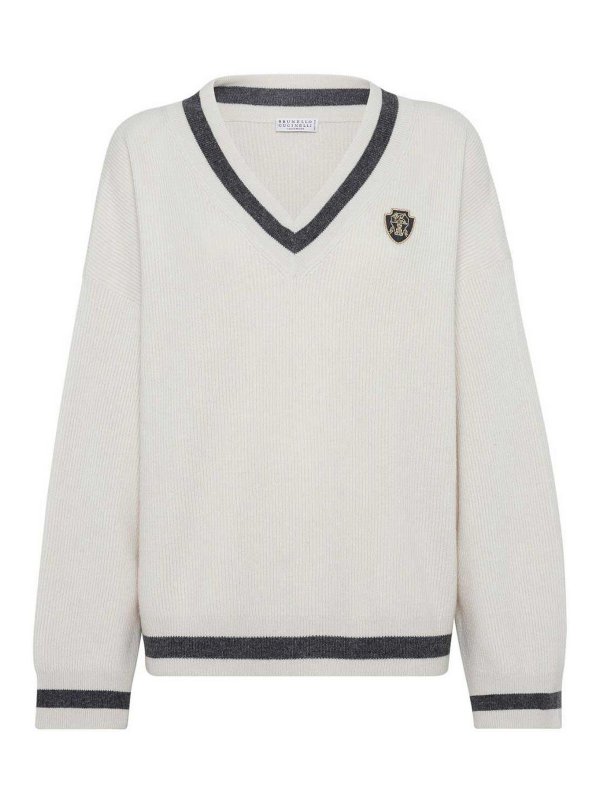 BRUNELLO CUCINELLI: Strickpullover mit V-Ausschnitt - V-Pullover - Weiß