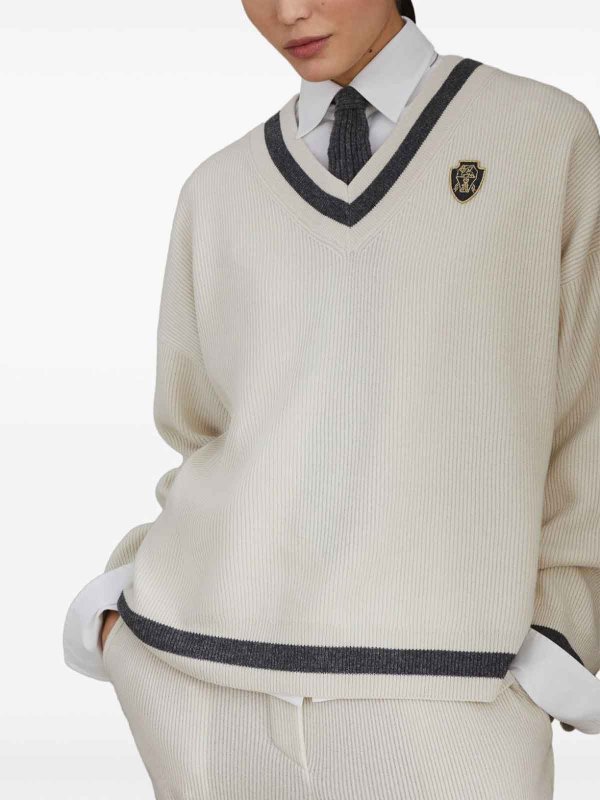 BRUNELLO CUCINELLI: Strickpullover mit V-Ausschnitt online - V-Pullover - Weiß