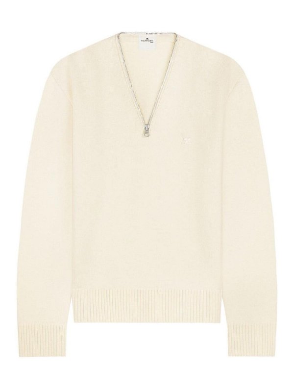 Courreges: Strickpullover mit V-Ausschnitt - V-Pullover - Weiß