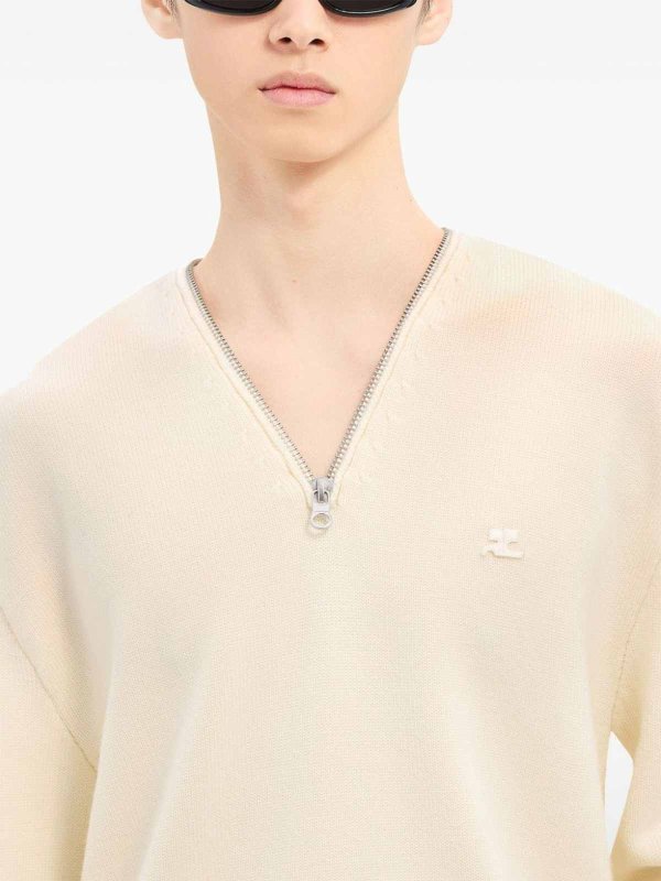 Courreges: Strickpullover mit V-Ausschnitt online - V-Pullover - Weiß