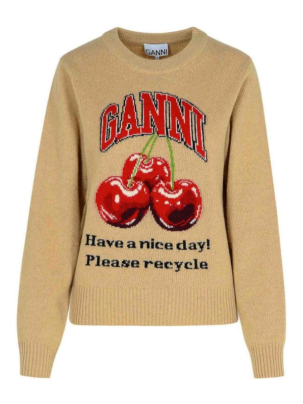GANNI: Strickpullover mit Rundhalsausschnitt - Rundhalspullover - Beige