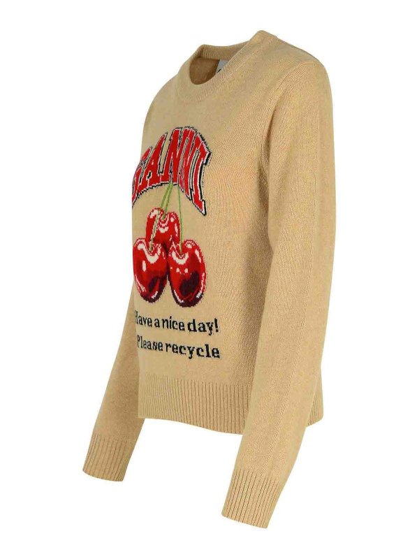 The Best Shops GANNI: Strickpullover mit Rundhalsausschnitt - Rundhalspullover - Beige