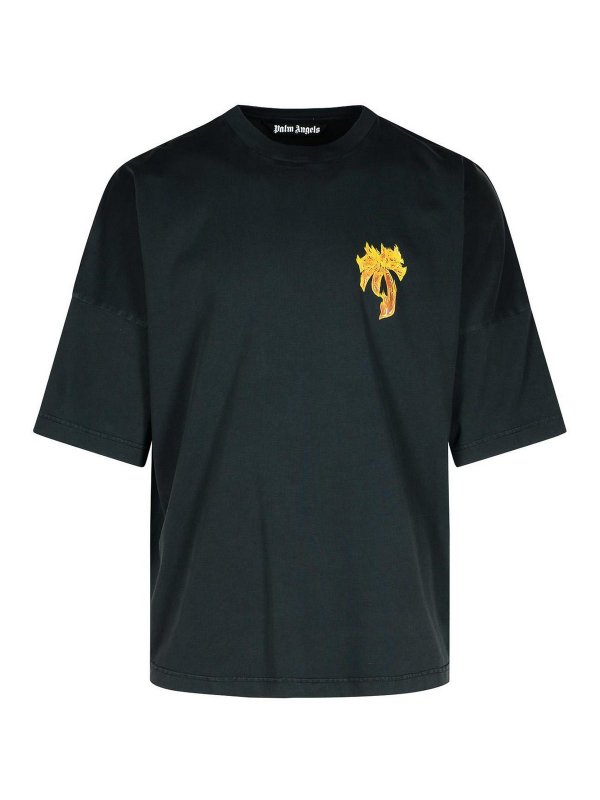 Palm Angels: t-shirts - Burning Palm Black Cotton Oversize T-Shirt