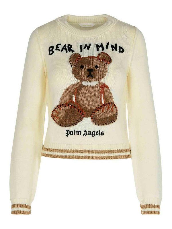 Palm Angels: Strickpullover mit Rundhalsausschnitt - Rundhalspullover - Creme