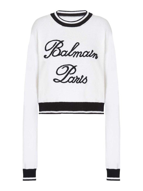 Balmain: Strickpullover mit Rundhalsausschnitt - Rundhalspullover - Weiß