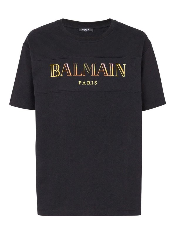 Balmain: t-shirts - Cotton Black T-Shirt With Printed Logo