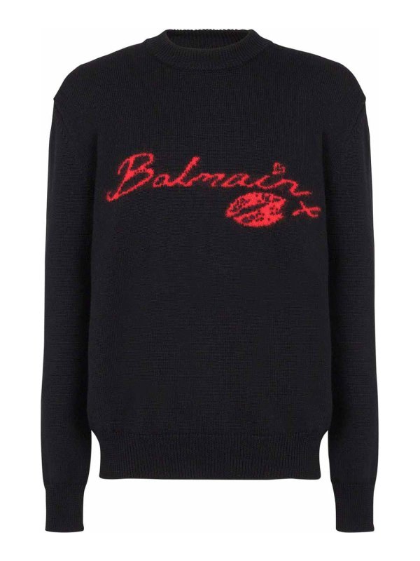 Balmain: crew necks - Virgin Wool Kiss Sweater With Lips Motif