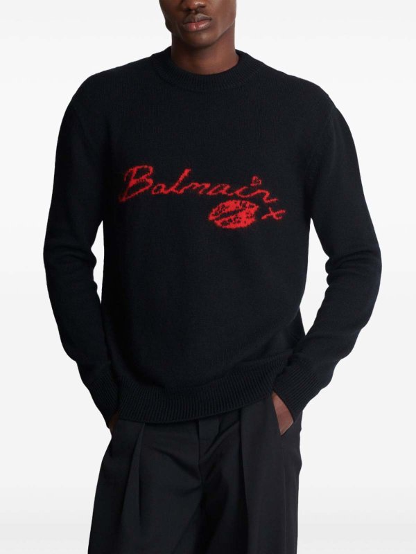 Balmain: crew necks online - Virgin Wool Kiss Sweater With Lips Motif