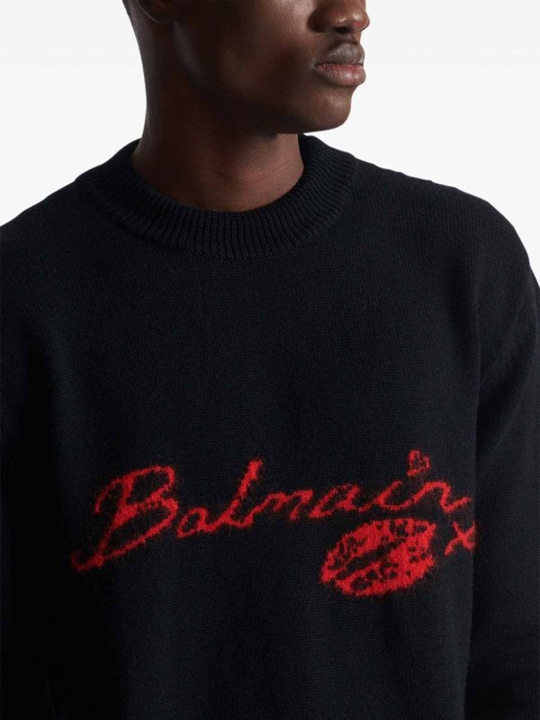 The Best Shops Balmain: crew necks - Virgin Wool Kiss Sweater With Lips Motif