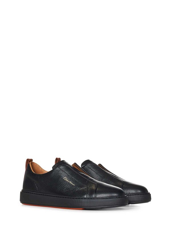 SANTONI: trainers online - Black Tumbled Leather Slip-On Sneakers