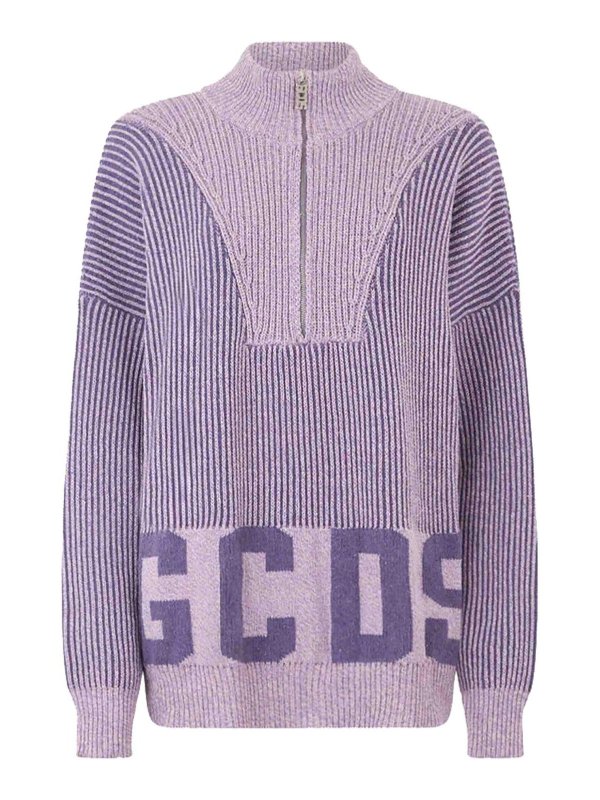 GCDS: crew necks - Ribbed Low Logo Half Zip Sweater