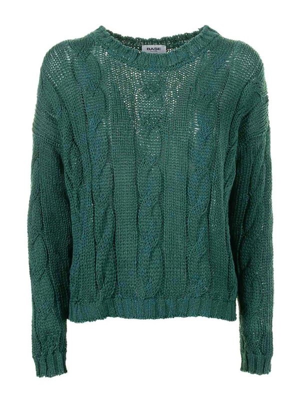 BASE: crew necks - Green Braid Crewneck Sweater