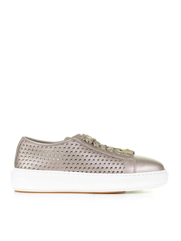 SANTONI: trainers - Beige Sneaker In Laminated Perforated Leather