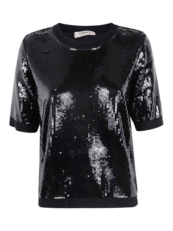 TWINSET: Strickpullover mit Rundhalsausschnitt - Rundhalspullover - Schwarz