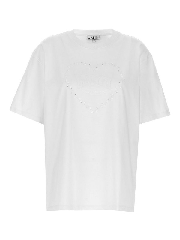 GANNI: t-shirts - Rhinestone Logo Embroidery T-Shirt