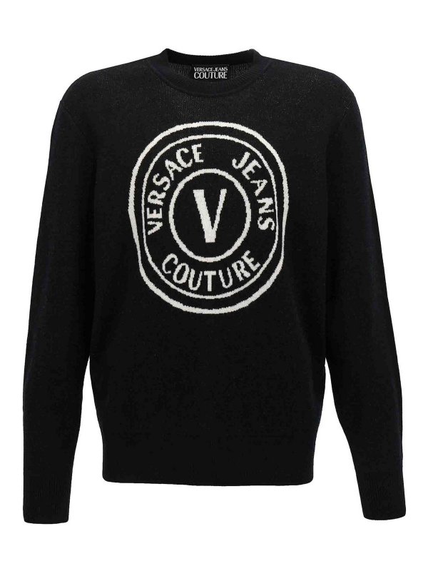 Versace Jeans Couture: Strickpullover mit Rundhalsausschnitt - Rundhalspullover - Weiß