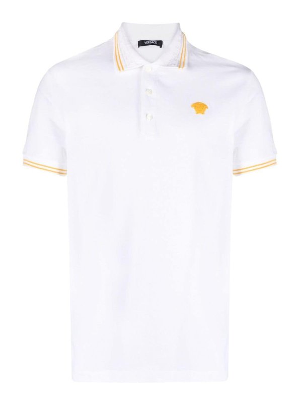 Tシャツ・カットソー VERSACE White piquet polo shirt (10139101A09860 1W000) Versace Logo Piquet Polo Shirt - White - Men