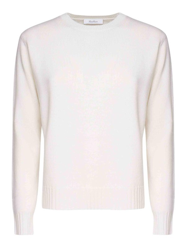 Max Mara: Strickpullover mit Rundhalsausschnitt - Rundhalspullover - Weiß