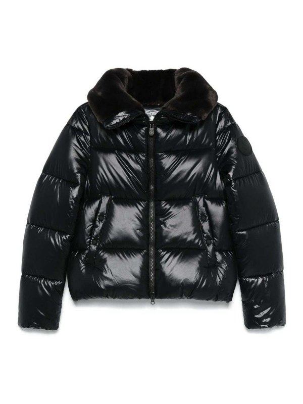 Save The Duck: casual jackets - Short Black Moma Puffer Jacket With Fur