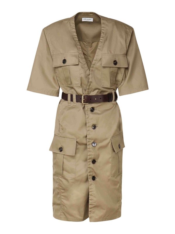 SAINT LAURENT: knee length dresses - Saharienne Dress In Cotton Twill