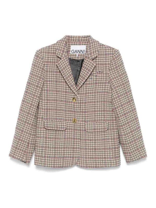 GANNI: blazers - Check Wool Mix Boxy Blazer
