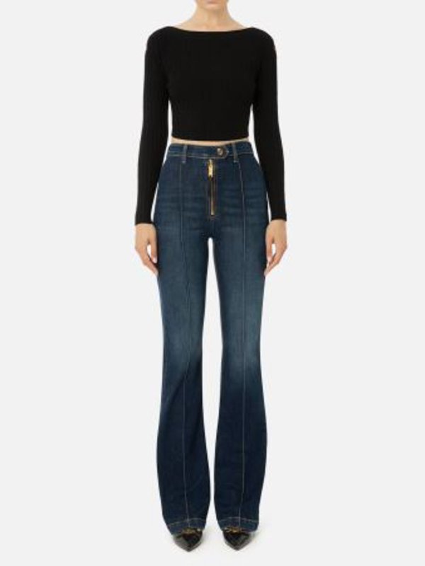 ELISABETTA FRANCHI: crew necks online - Cropped Sweater In Ribbed Viscose