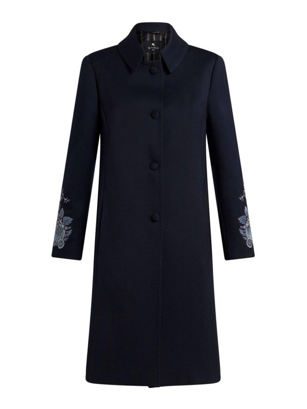 ETRO: short coats - Blue Gabardine Coat With Embroidery