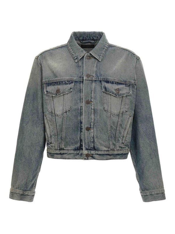 BALENCIAGA: blazers - Rhinestone Logo Denim Jacket
