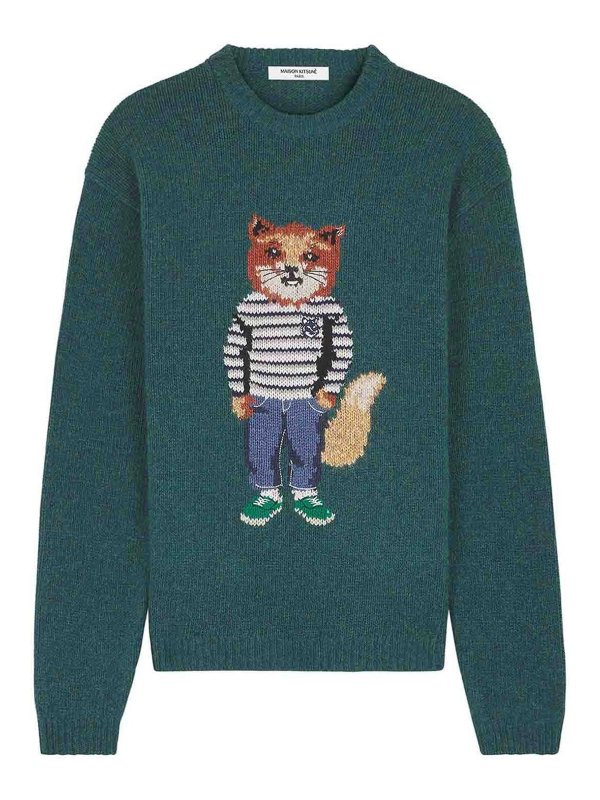 MAISON KITSUNÉ: Strickpullover mit Rundhalsausschnitt - Rundhalspullover - Grün